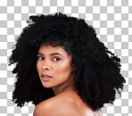 Hair, face and beauty with black woman in portrait, skin and natural cosmetics with glow on studio background. Female, cosmetic treatment with curly hairstyle, texture and growth with facial skincare