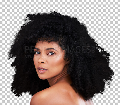 Buy stock photo Makeup, beauty and portrait of young black woman with natural, cosmetic and selfcare routine for curly hairstyle. Glow, clean and model with afro treatment isolated by transparent png background.