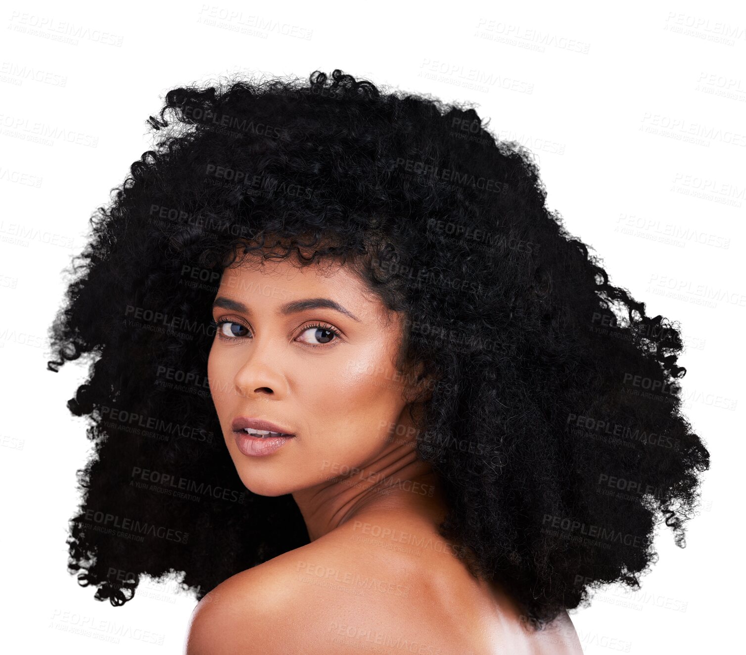 Buy stock photo Makeup, beauty and portrait of young black woman with natural, cosmetic and selfcare routine for curly hairstyle. Glow, clean and model with afro treatment isolated by transparent png background.