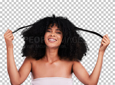 Hair in hands, beauty and portrait of black woman on brown background for wellness, shine and natural glow. Salon, luxury treatment and happy girl face with curly hairstyle, texture and afro growth