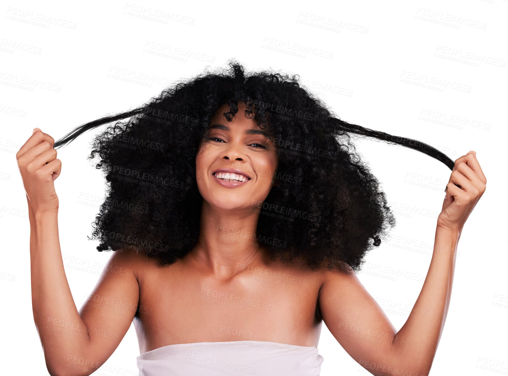 Buy stock photo Portrait, hair and beauty with a afro black woman isolated on a transparent background for shampoo treatment. Face, salon and a happy young model on PNG for natural, luxury or keratin haircare