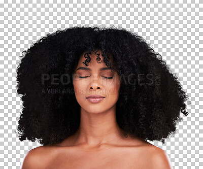 Natural hair, black woman with afro and face, haircare and skincare for beauty on studio background. Female, cosmetic treatment and curly hairstyle, calm and content with texture and facial skin glow