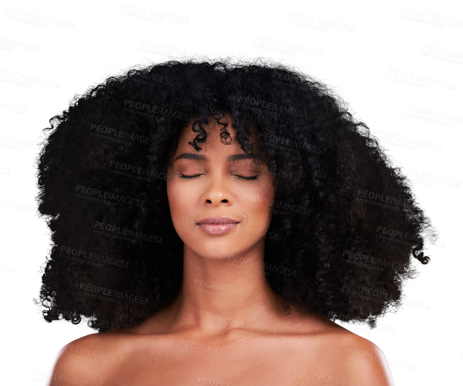 Buy stock photo Natural hair, woman with afro and face, beauty glow and cosmetic care isolated on png transparent background. Haircare, wellness and curly hairstyle with salon treatment, texture and growth with calm