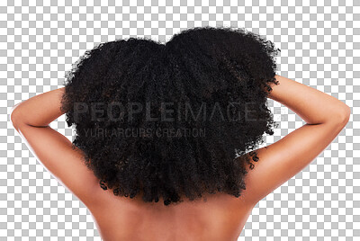 Hair, black woman with afro and beauty, haircare and natural cosmetics, back on studio background. Female, cosmetic treatment with curly hairstyle, rear view and texture, person arms with grooming