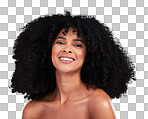 Hair, face and smile with black woman in portrait, haircare and afro, cosmetics and happy person on studio background. Beauty, skincare and facial with curly hairstyle, female with cosmetic treatment