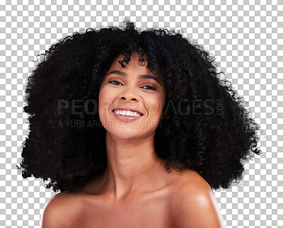 Buy stock photo Smile, beauty and portrait of young black woman with natural, cosmetic and selfcare for curly hairstyle. Spa, clean and African female model with afro treatment isolated by transparent png background