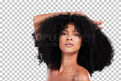 Beauty, hair and portrait of black woman in studio for self care with shampoo for growth. Aesthetic model with natural curly afro with cosmetics, skincare glow and face makeup on gradient background