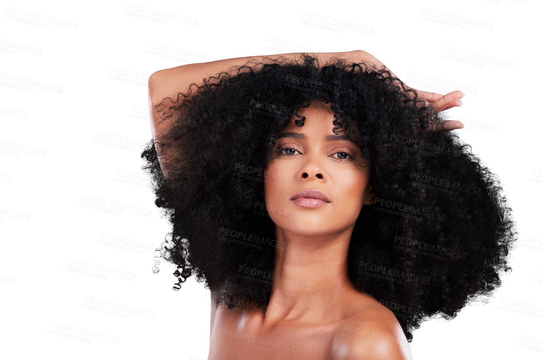 Buy stock photo Makeup, health and portrait of young black woman with natural, cosmetic and selfcare for curly hair. Clean, glow and African female model with afro treatment isolated by transparent png background.