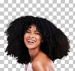 Smile, hair and beauty portrait of black woman on brown background for wellness, shine and natural glow. Salon, luxury treatment and happy girl face with curly hairstyle, texture and afro growth