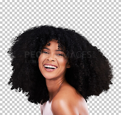 Buy stock photo Portrait, beauty and young black woman with natural, cosmetic and selfcare for curly hairstyle. Glow, clean and happy African female model with afro treatment isolated by transparent png background.