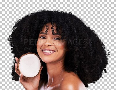 Buy stock photo Happy portrait, woman and coconut for beauty routine, afro hair care and natural skincare, wellness or facial detox. Face cosmetics, fruit product and person isolated on transparent, png background