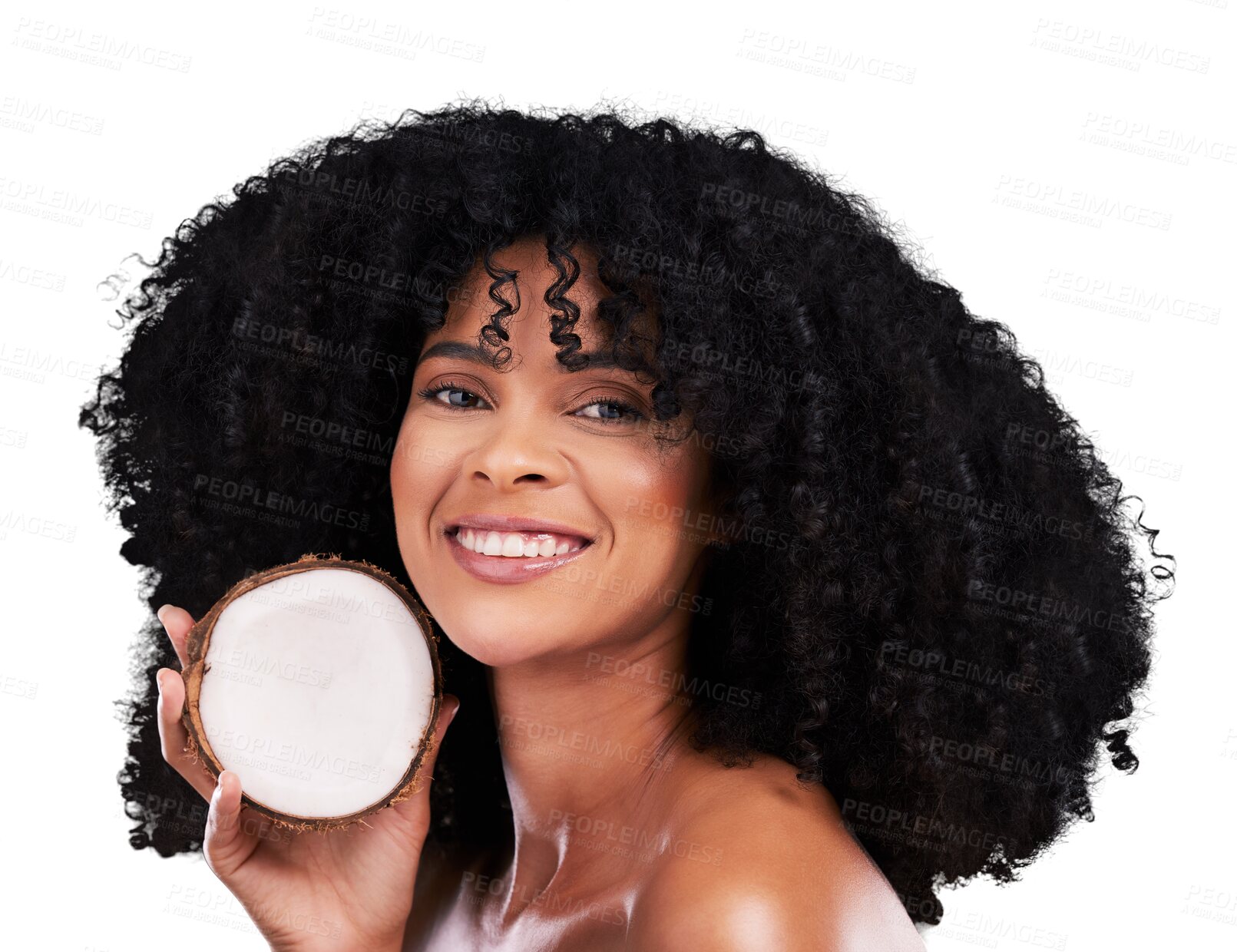 Buy stock photo Happy portrait, woman and coconut for beauty routine, afro hair care and natural skincare, wellness or facial detox. Face cosmetics, fruit product and person isolated on transparent, png background