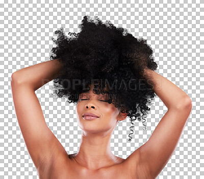 Natural hair, black woman with beauty and face, haircare and cosmetics with satisfaction on studio background. Female is content, arms and cosmetic care with curly hairstyle, texture and skincare