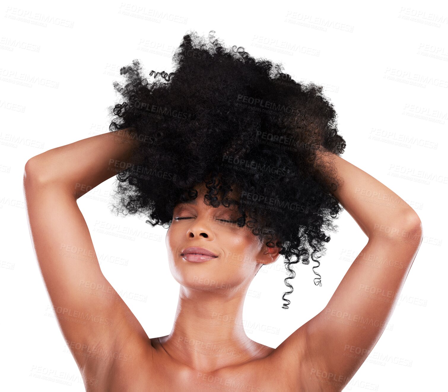 Buy stock photo Hands in hair, face and black woman with afro and beauty, haircare and cosmetics on png transparent background. Person, natural and cosmetic treatment with curly hairstyle, healthy texture or smile