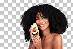 Black woman, studio portrait and avocado for beauty, cosmetic skincare or health for wellness, smile or self care. Happy gen z model, african or fruit for natural aesthetic, healthy nutrition or diet