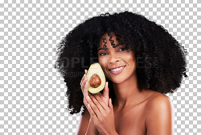 Buy stock photo Avocado, beauty and portrait of young black woman with natural, cosmetic and selfcare routine for curly hair. Glow, clean and African female model with fruit isolated by transparent png background.