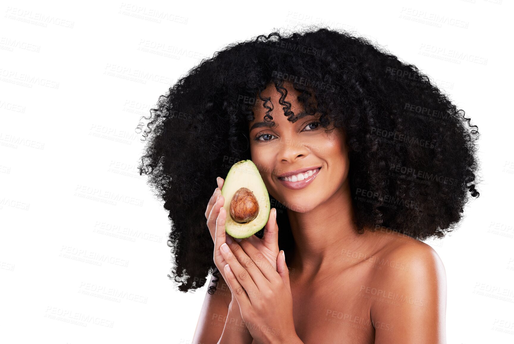 Buy stock photo Avocado, beauty and portrait of young black woman with natural, cosmetic and selfcare routine for curly hair. Glow, clean and African female model with fruit isolated by transparent png background.