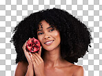 Hair care, face and portrait of black woman with pomegranate in studio isolated on a brown background. Fruit, skincare and happy female model holding food for healthy diet, nutrition and vitamin c.