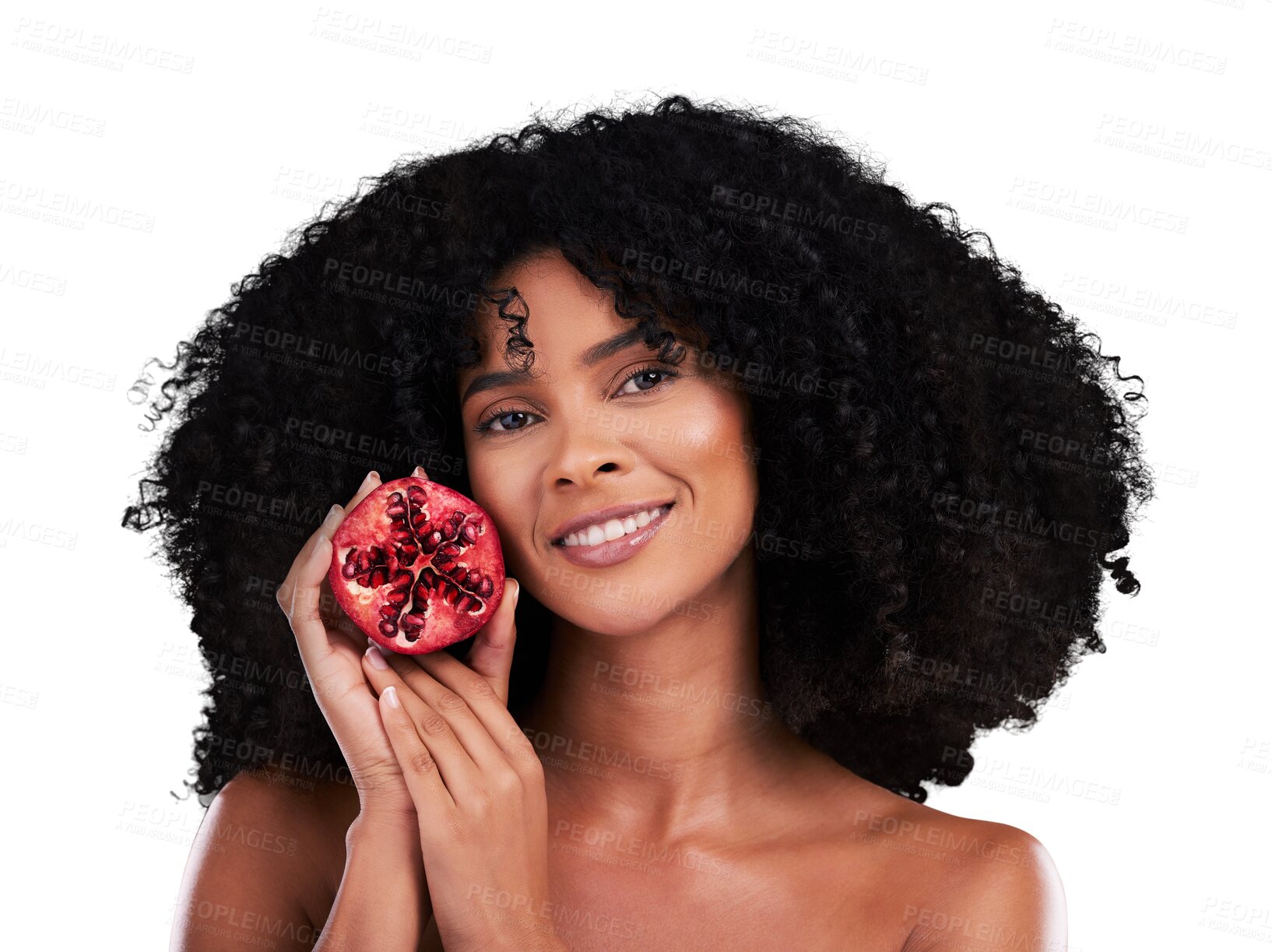 Buy stock photo Skincare, pomegranate and portrait of woman with natural cosmetics on isolated, transparent or png background. Beauty, fruit and face of female wellness model with anti aging, vitamin c or skin detox