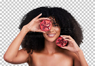 Black woman, studio portrait and pomegranate for beauty, smile or skincare for health, wellness and glow by background. Happy gen z model, african or fruit for natural aesthetic, nutrition and diet