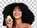 Black woman, studio portrait and avocado with smile, skincare and health with self care  wellness by background. Happy gen z model, african and fruit for natural cosmetics, healthy nutrition or diet