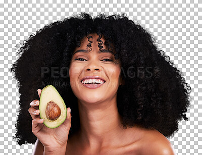 Buy stock photo Avocado, cosmetic and portrait of young black woman with natural, cosmetic and self care for curly hair. Glow, clean and African female model with a fruit isolated by transparent png background.