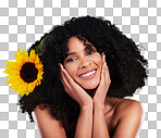 Black woman, studio portrait and sunflower with skincare, beauty or cosmetic wellness by beige background. African gen z model, flower and spring aesthetic with happiness, self care or natural makeup