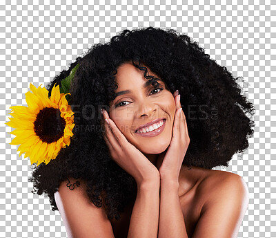 Buy stock photo Happy woman, portrait and sunflower for skincare, beauty or wellness isolated on a transparent png background. Natural, cosmetics, flower and face touch of African person in organic facial treatment