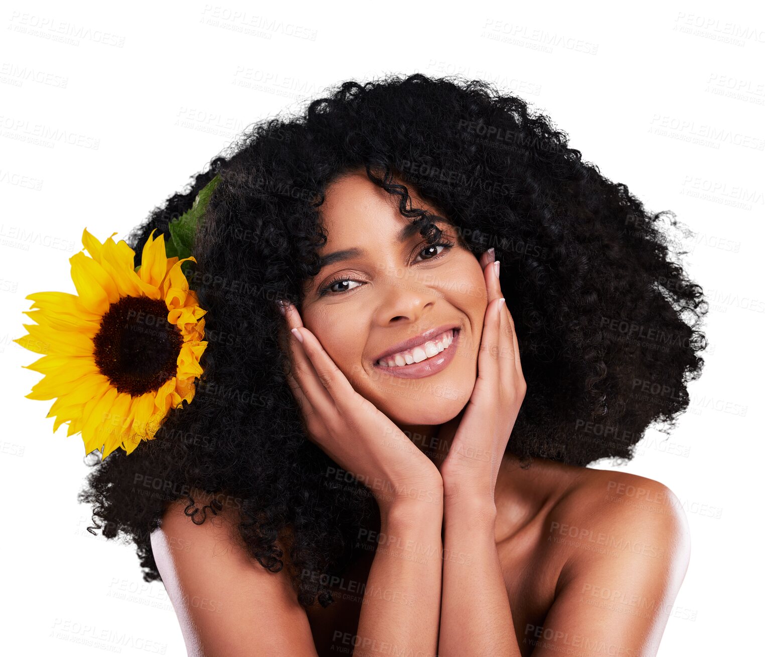 Buy stock photo Happy woman, portrait and sunflower for skincare, beauty or wellness isolated on a transparent png background. Natural, cosmetics, flower and face touch of African person in organic facial treatment