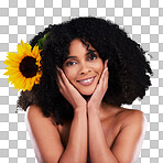 Black woman, studio portrait and sunflower with beauty, smile and cosmetic wellness by beige background. African gen z model, flower and spring aesthetic with hands, happy and natural makeup on face