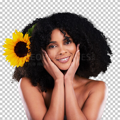 Buy stock photo Natural hair, woman with afro and sunflower, beauty portrait and cosmetic care isolated on png transparent background. Haircare, face and curly hairstyle with flower, texture and organic treatment