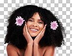 Face, portrait and black woman with flowers for hair care in studio isolated on a brown background. Floral cosmetics, hairstyle makeup and beauty of happy female model with plant for salon treatment.