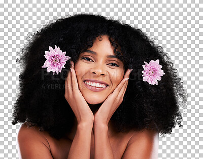 Buy stock photo Woman, flowers and afro hair with natural beauty, hairstyle and organic cosmetic care with face isolated on png transparent background. Wellness, face and curls, nature for treatment with texture