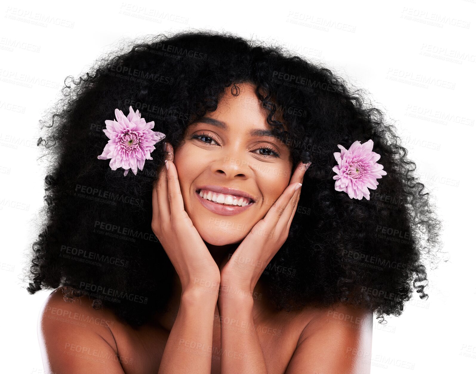Buy stock photo Woman, flowers and afro hair with natural beauty, hairstyle and organic cosmetic care with face isolated on png transparent background. Wellness, face and curls, nature for treatment with texture