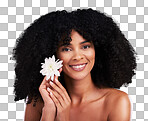 Black woman, studio portrait and flower with smile, beauty and cosmetic wellness by beige background. African gen z model, lotus plant and spring aesthetic with happiness, health and natural makeup