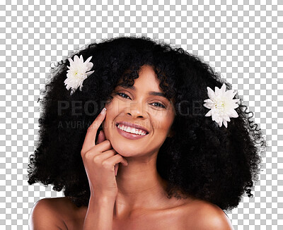 Buy stock photo Woman, flowers in hair and natural beauty, afro hairstyle and cosmetic care with face isolated on png transparent background. Haircare, glow and curls with nature for treatment, texture and portrait