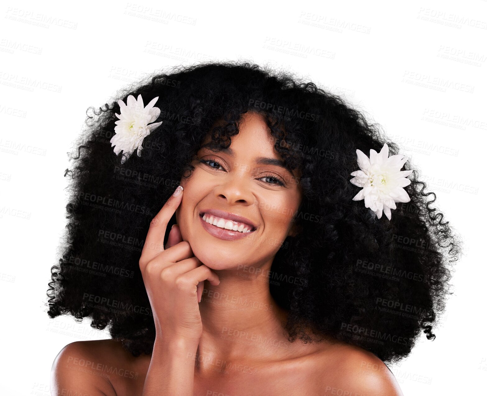 Buy stock photo Woman, flowers in hair and natural beauty, afro hairstyle and cosmetic care with face isolated on png transparent background. Haircare, glow and curls with nature for treatment, texture and portrait