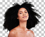 Hair care, beauty and portrait of black woman face in studio for shampoo growth and shine. Aesthetic model with natural curly afro for cosmetic, facial skincare and makeup glow on gradient background