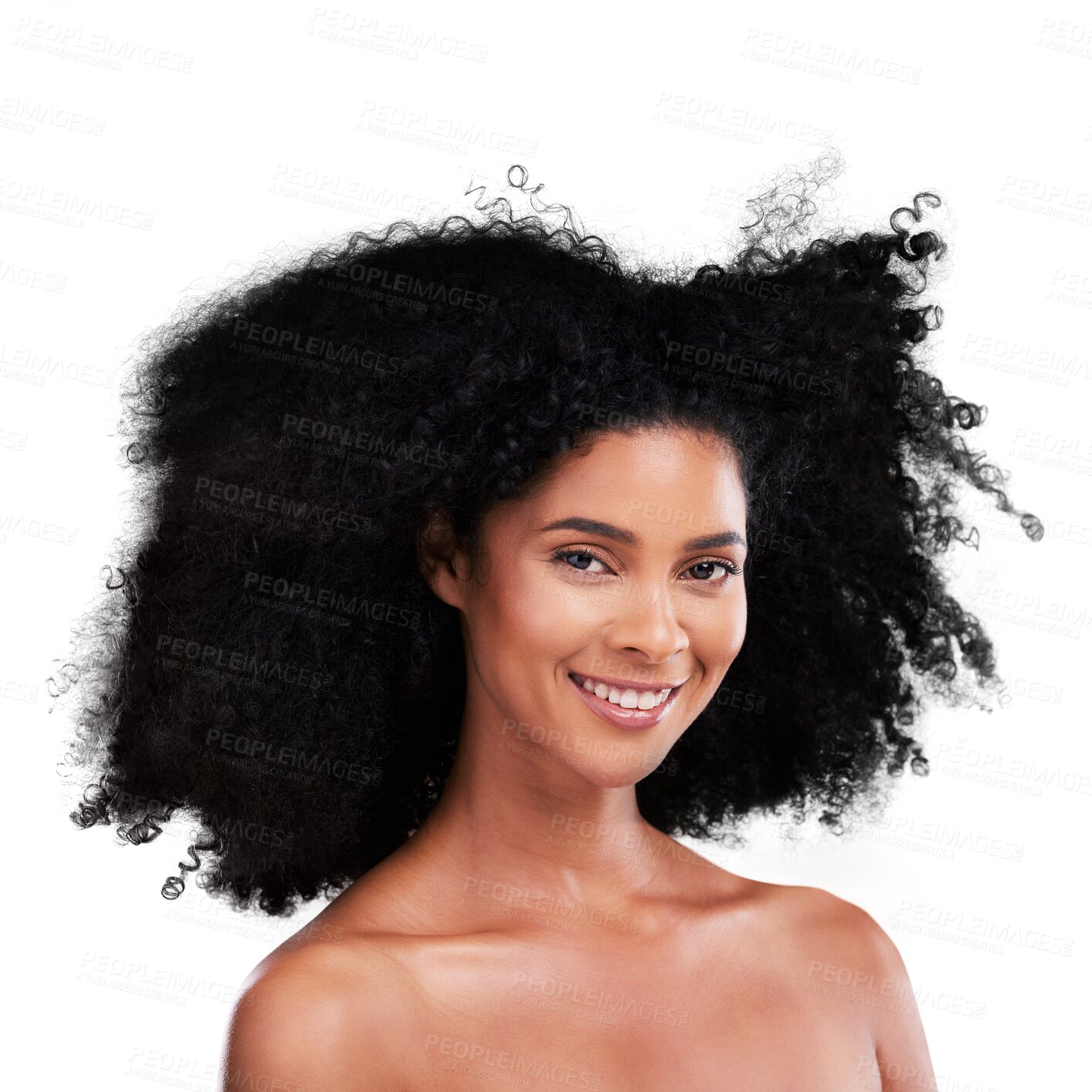 Buy stock photo Hair in wind, woman with afro and portrait, natural beauty and cosmetics isolated on png transparent background. Haircare, wellness and curly hairstyle with treatment, texture and growth with smile