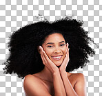 Happy model, portrait and afro hair on studio background in aesthetic wellness, curly texture pride or skincare glow. Black woman beauty, happy or smile with natural hairstyle, face hands or isolated