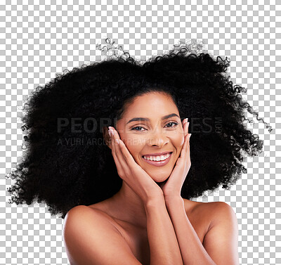 Buy stock photo Hair, face and happy woman with natural beauty, afro and cosmetic care glow isolated on png transparent background. Haircare, wind and curly hairstyle with treatment, texture and growth in portrait