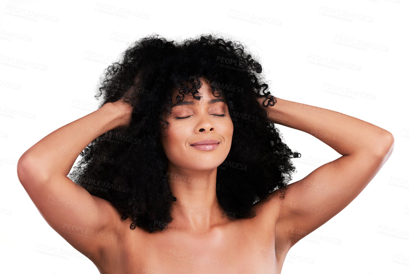 Buy stock photo Hands in hair, black woman with afro and beauty, haircare and cosmetics with smile on png transparent background. Person, natural and cosmetic treatment with curly hairstyle and healthy texture 