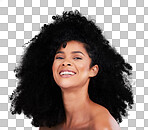 Model, afro hair or beauty portrait on studio background for aesthetic empowerment, curly texture or skincare glow. Happy black woman, face or natural hairstyle and makeup cosmetics on isolated wall 