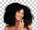 Model, happy or afro hair spray on isolated studio background in frizz control, curly management or oil treatment. Black woman smile, face or natural haircare product for grooming or texture wellness