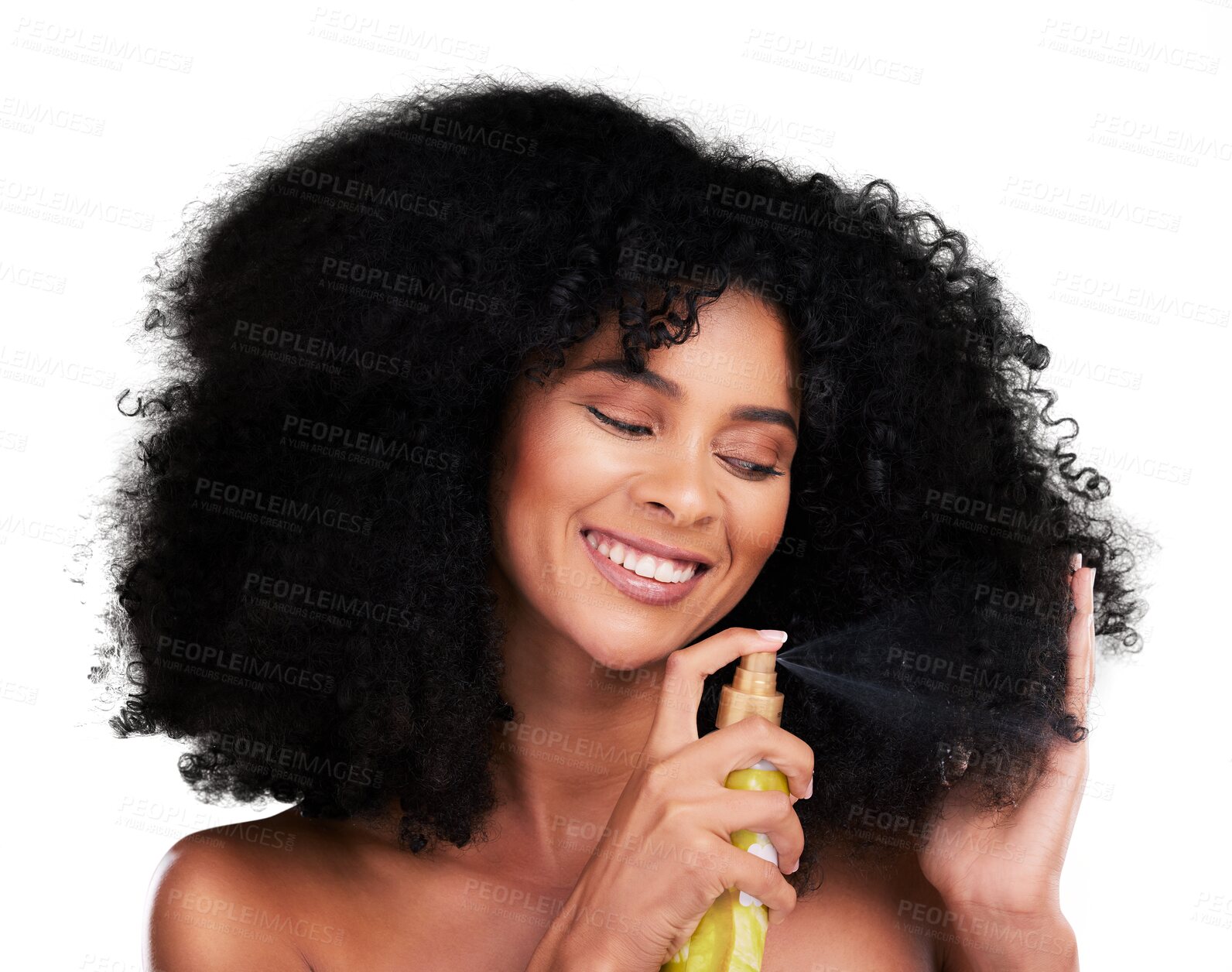 Buy stock photo Happy, woman and curly hairspray for beauty isolated on a transparent png background. African person, smile and oil for hair care, natural cosmetics product and salon treatment for healthy growth