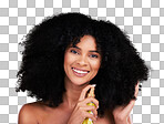 Black woman, portrait or afro hair product on isolated studio background in frizz control, curly management or oil treatment. Happy beauty model, natural or haircare spray in texture health grooming
