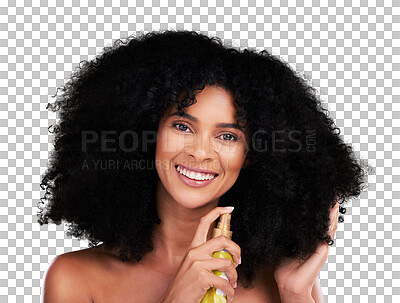 Buy stock photo Woman, hair and afro, oil and portrait for beauty, treatment with serum and wellness isolated on transparent png background. Cosmetic product, haircare and frizz control with hairstyle and grooming