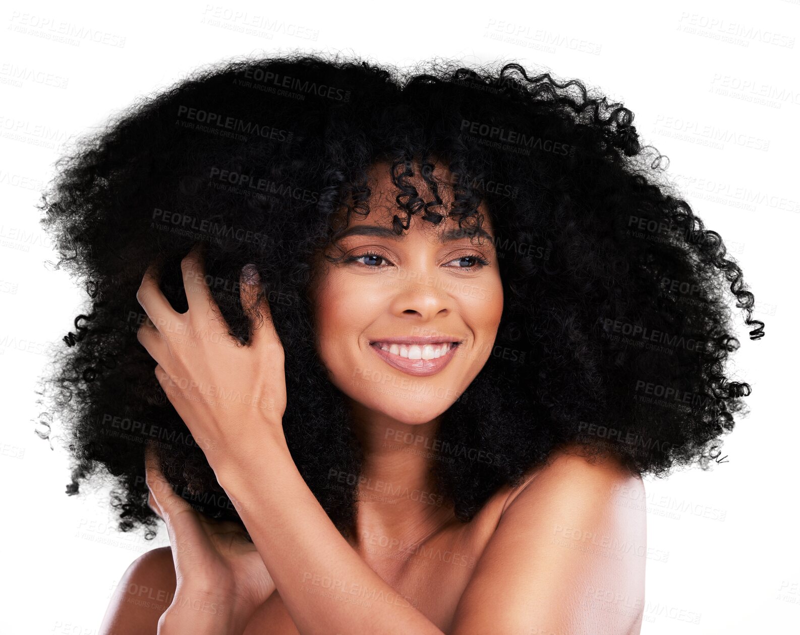 Buy stock photo Smile, black woman and beauty with hair of afro and salon, haircare and cosmetics on png transparent background. Person, natural and growth treatment with curly hairstyle and healthy texture