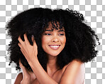 Black woman, afro hair or touching hands on isolated studio background in growth management, curly texture or skincare glow. Beauty model, happy or smile with natural hairstyle, keratin or collagen