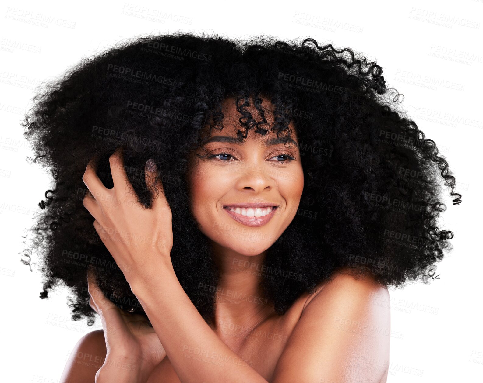 Buy stock photo Black woman, hands in hair with afro and beauty, haircare and cosmetics with smile on png transparent background. Person, natural and cosmetic treatment with curly hairstyle and healthy texture 